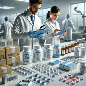 Pharmaceutical quality assurance team inspecting packaging before export