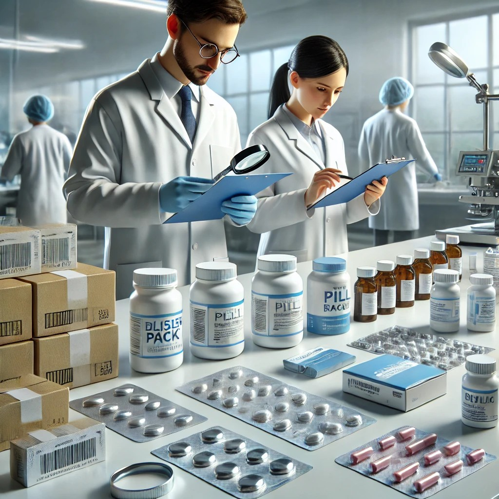 Pharmaceutical quality assurance team inspecting packaging before export